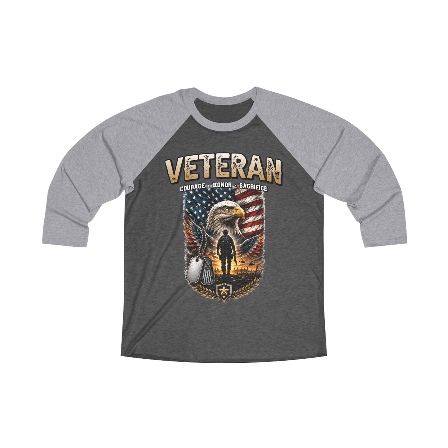 Veteran 3/4 Raglan Tee — Courage, Honor, Sacrifice Patriotic Eagle & Flag Design