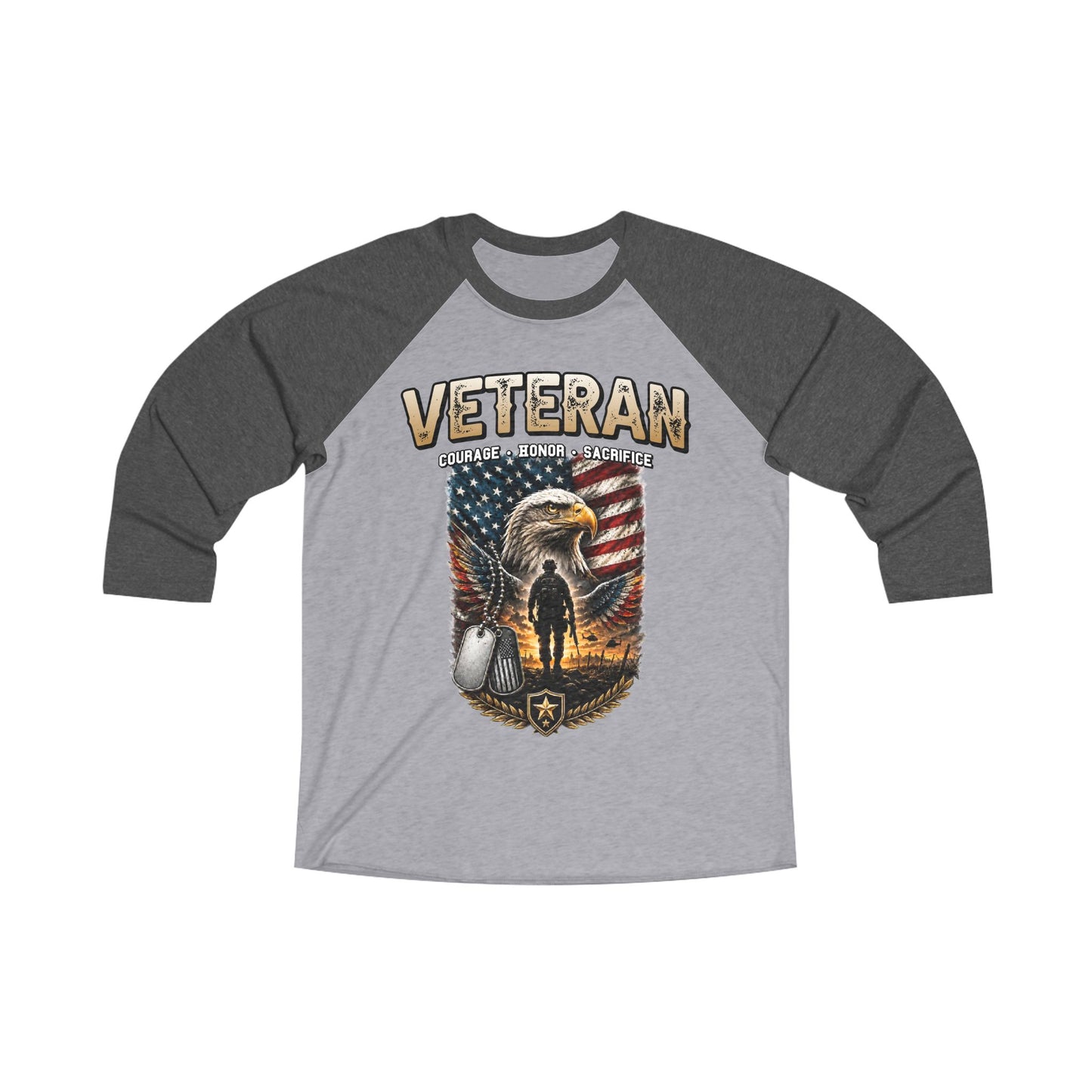Veteran 3/4 Raglan Tee — Courage, Honor, Sacrifice Patriotic Eagle & Flag Design